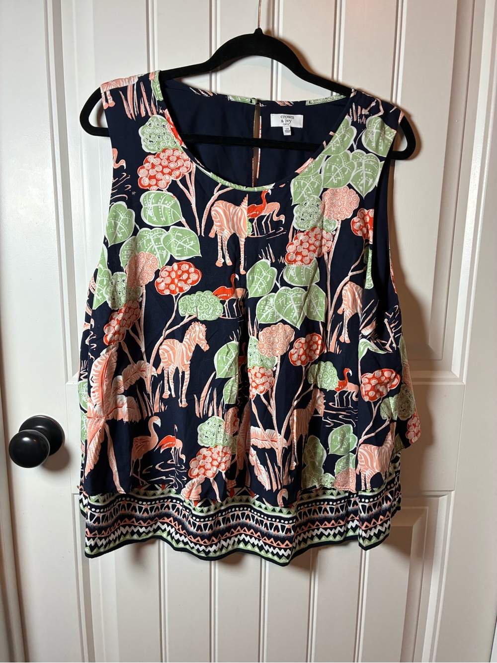 crown & ivy Navy Tank with Coral and Lime Botanical & Zebra Print